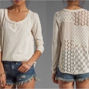 Free People Patchwork Crochet Lace Back Long Sleeve Top Small Ivory beach boho